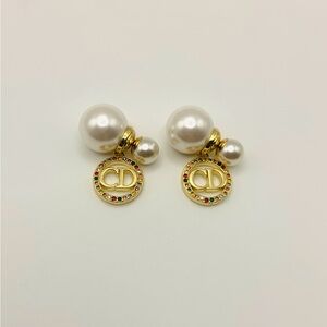 Dior Gold-Tone CD Logo Earrings with Pearl and Crystals
